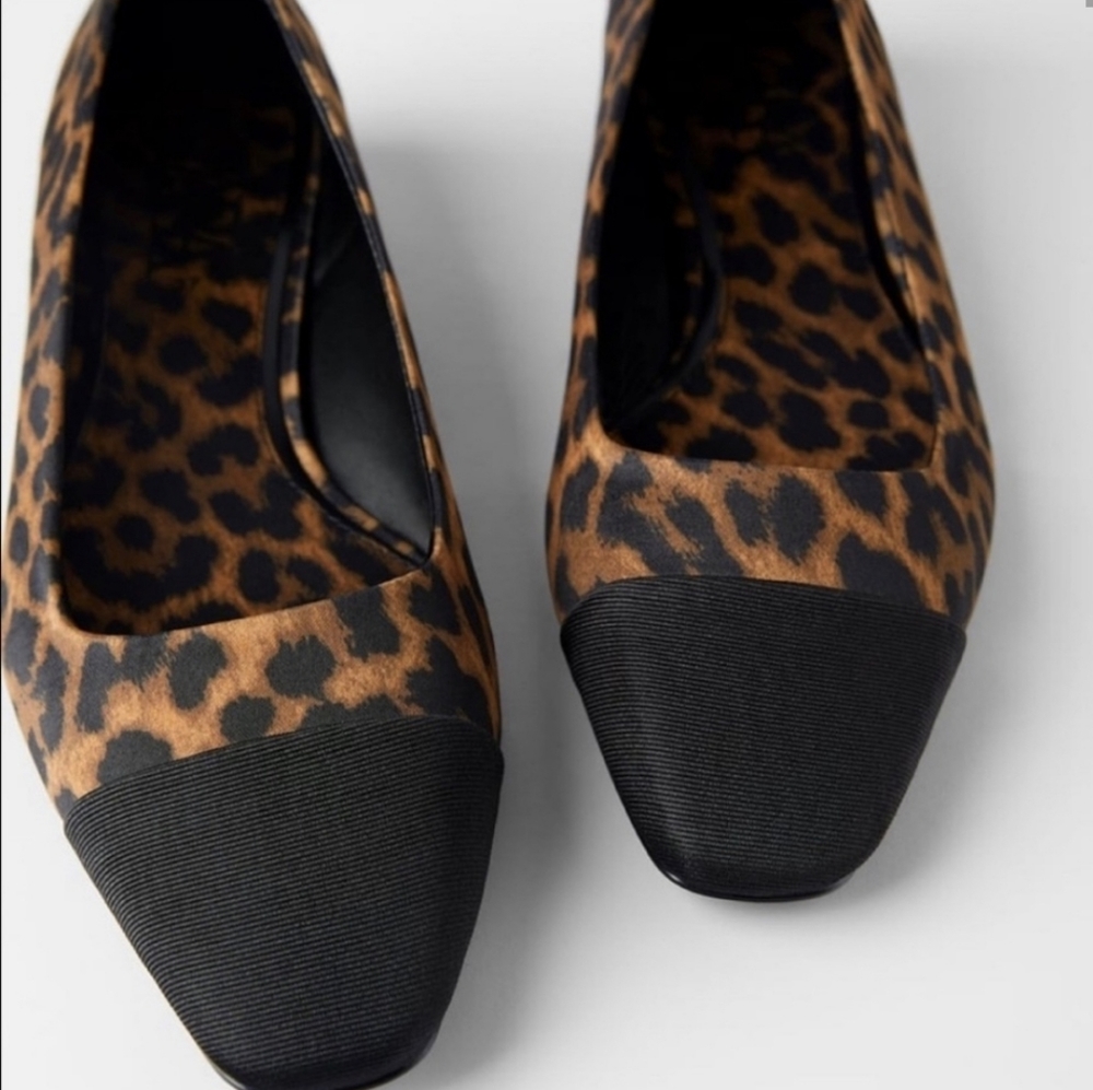 NWT Zara Leopard Grosgrain Block Heel Flats